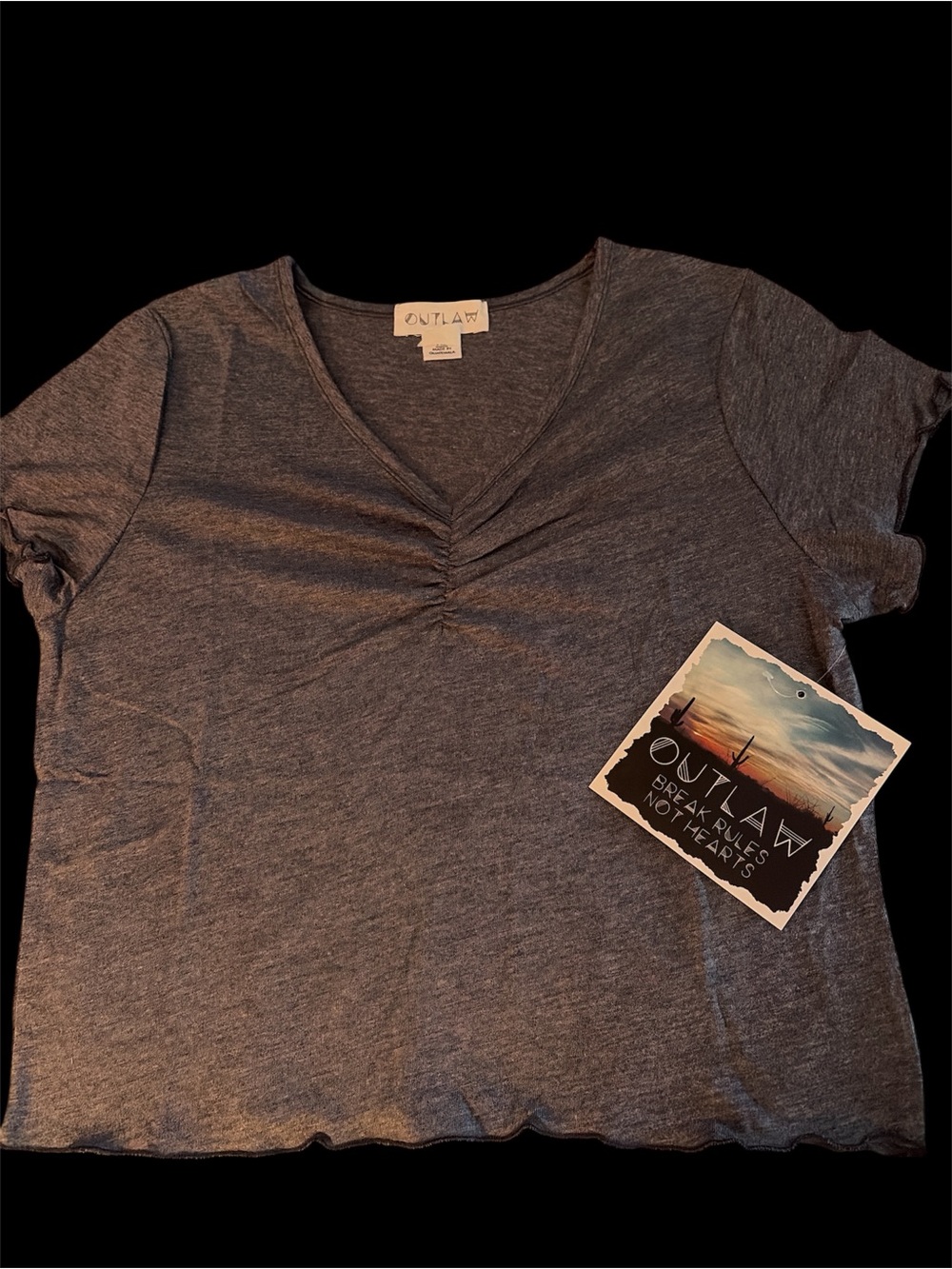 OUTLAW Women's Heather Charcoal V-Neck Ruched Short Sleeve Tee